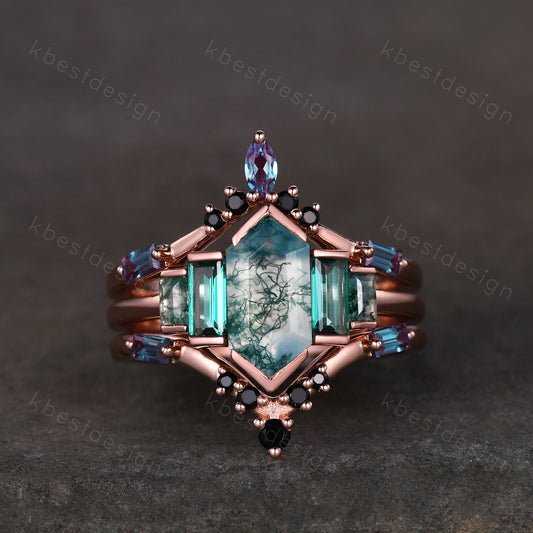 Vintage moss agate engagement ring Set Unique rose gold baguette cut emerald ring Retro Double curved Alexandrite wedding band Bridal ring