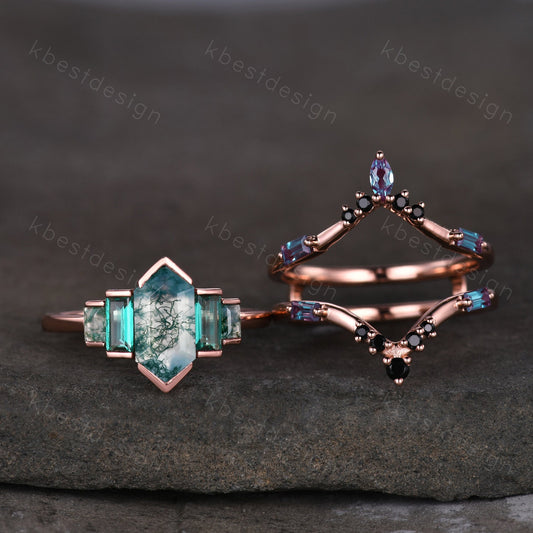 Vintage moss agate engagement ring Set Unique rose gold baguette cut emerald ring Retro Double curved Alexandrite wedding band Bridal ring