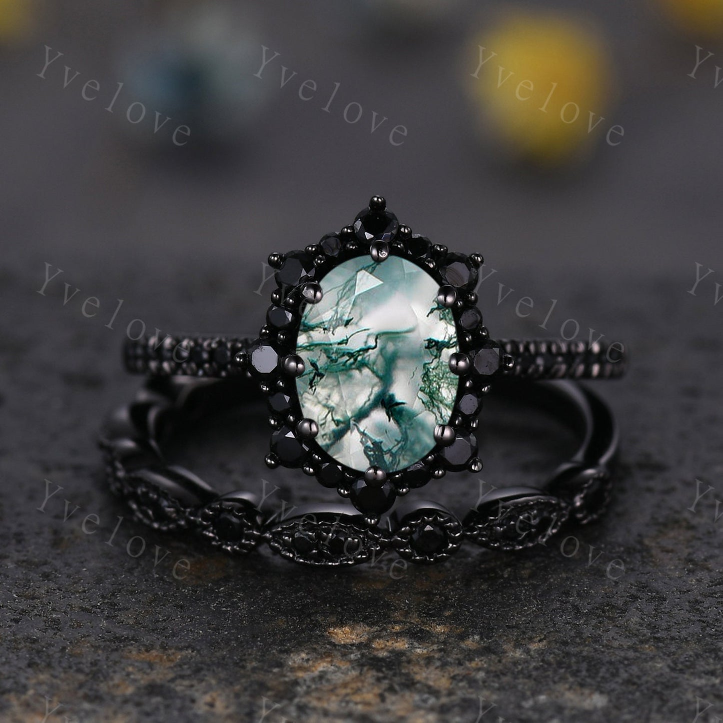 Gothic Oval Cut Moss Agate Engagement Ring,White Gold Black Diamond Promise Ring Unique Natural Inspired Ring Bridal Ring Personalized Gift