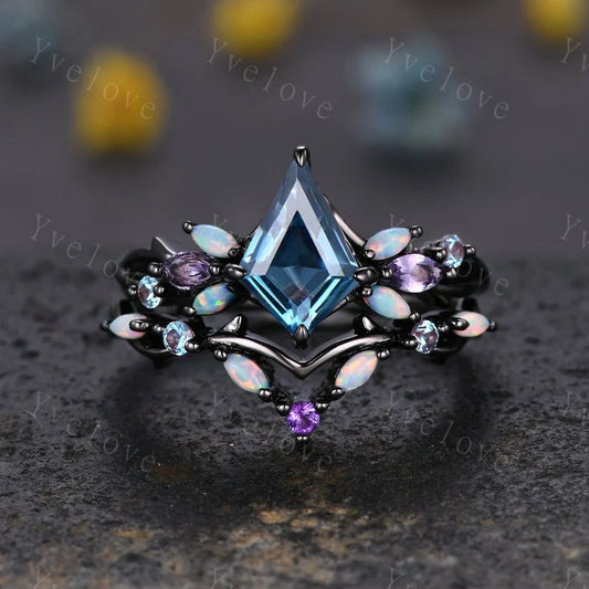 Vintage Kite London Blue Topaz Engagement Ring Set,Black Gold,Amethyst Opal Ring,Women Bridal Set,Unique Twig Anniversary Promise Ring Gift