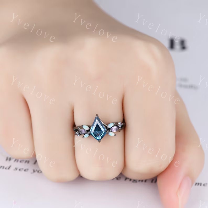 Vintage Kite London Blue Topaz Engagement Ring Set,Black Gold,Amethyst Opal Ring,Women Bridal Set,Unique Twig Anniversary Promise Ring Gift