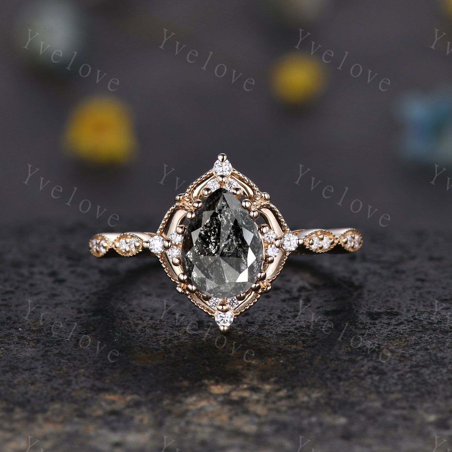 5x7mm Vintage Salt Pepper Diamond Engagement Ring,Teardrop Diamond Ring Set,14K Gold Ring,Unique Women Promise Ring For Her,Handmade Gift
