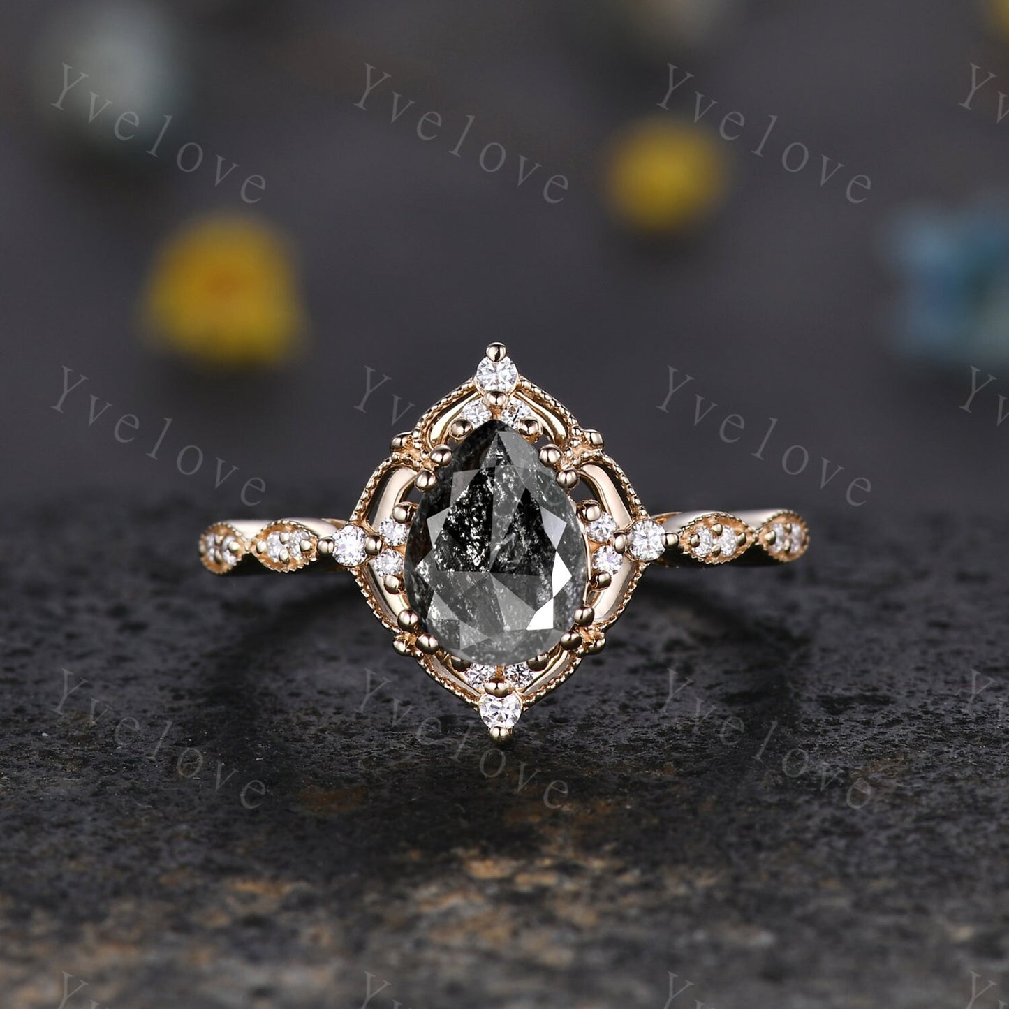 Vintage Salt and Pepper Diamond Engagement Ring,Teardrop Shaped Diamond Ring 18K Gold Ring,Unique Women Promise Ring For Her,Handmade Gift