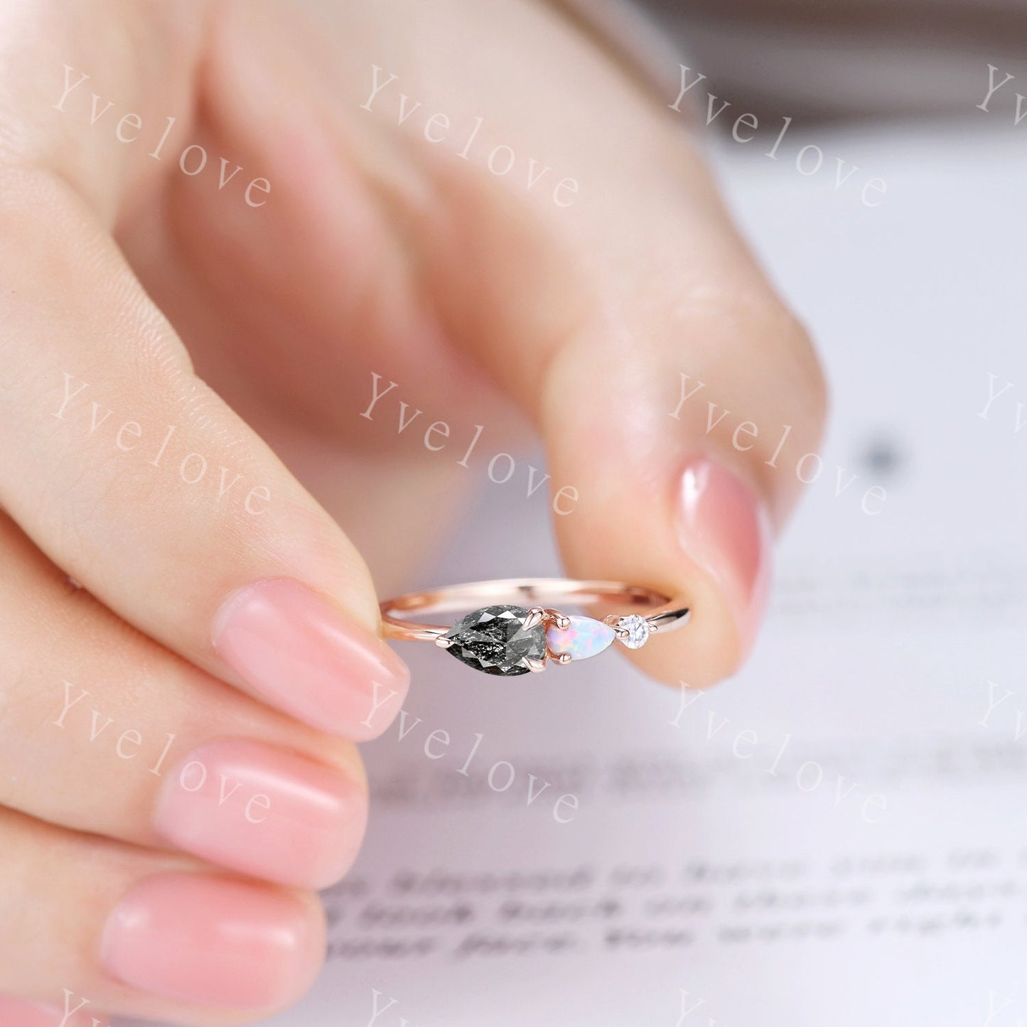 Vintage Salt and Pepper Diamond Opal Engagement Ring,Pear Cut Gems,Art Deco Diamond Wedding Band,Unique Women Bridal Promise Ring Gift
