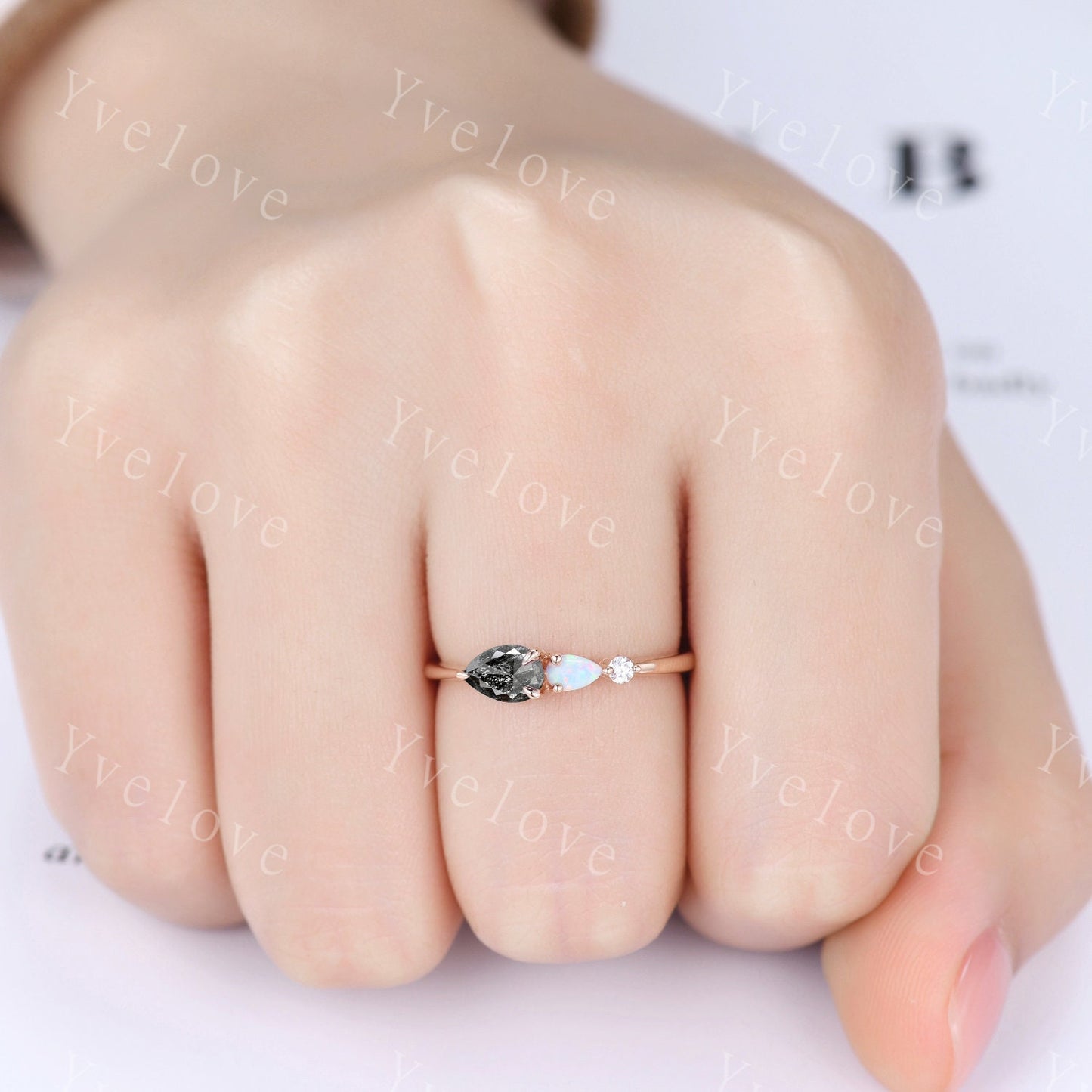 Vintage Salt and Pepper Diamond Opal Engagement Ring,Pear Cut Gems,Art Deco Diamond Wedding Band,Unique Women Bridal Promise Ring Gift