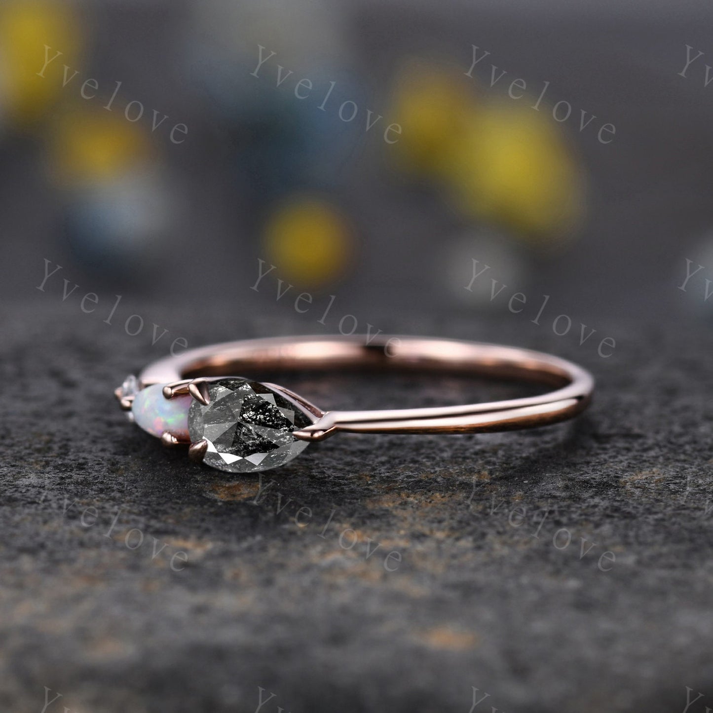 Vintage Salt and Pepper Diamond Opal Engagement Ring,Pear Cut Gems,Art Deco Diamond Wedding Band,Unique Women Bridal Promise Ring Gift