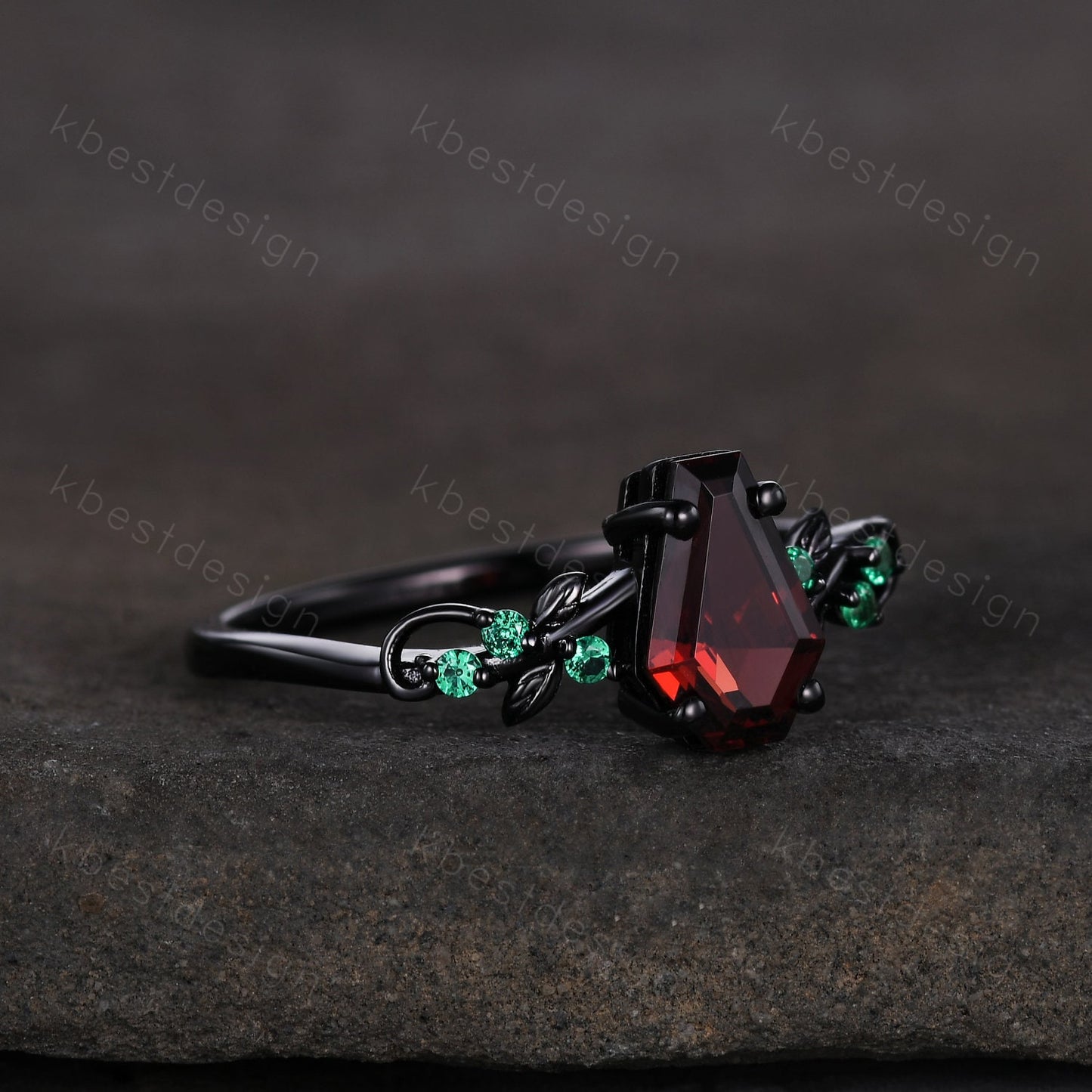 Coffin cut garnet engagement ring Vintage silver ring Art deco leaf design emerald wedding ring nature inspired ring bridal promise ring
