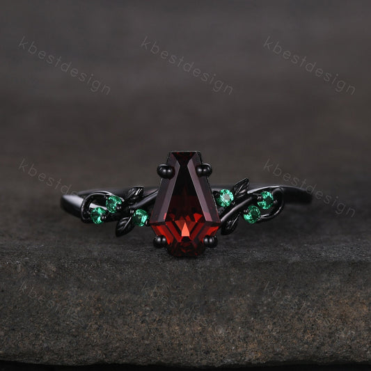 Coffin cut garnet engagement ring Gothic Black gold ring Art deco leaf design emerald wedding ring nature inspired ring bridal promise ring