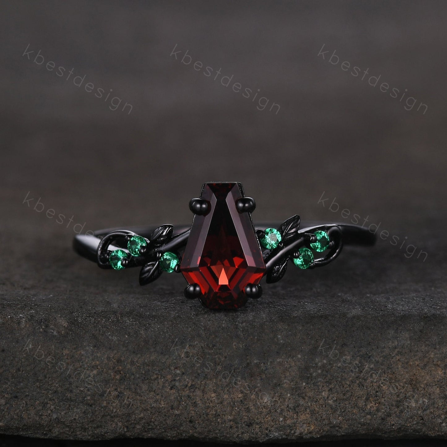 Coffin cut garnet engagement ring Gothic Black gold ring Art deco leaf design emerald wedding ring nature inspired ring bridal promise ring