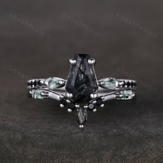 Coffin shaped black rutilated quartz engagement ring set unique curved moss agate wedding ring black ring vintage bridal wedding ring set