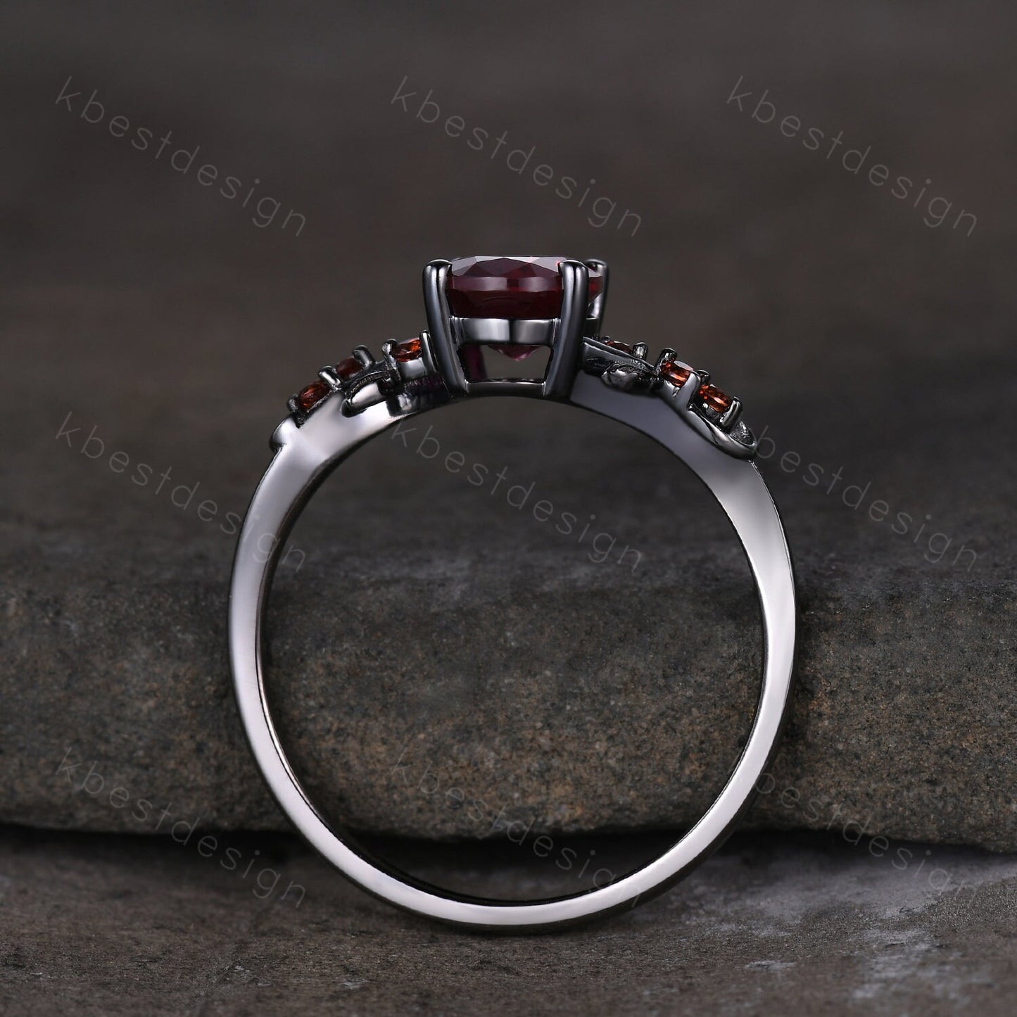Vintage oval ruby engagement ring Black gold ring Art deco leaf design garnet wedding ring nature inspired ring bridal promise ring gift