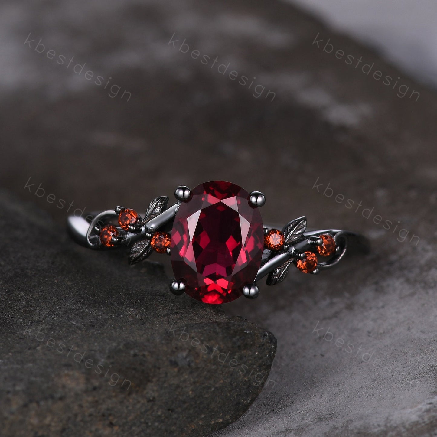 Vintage oval ruby engagement ring Black gold ring Art deco leaf design garnet wedding ring nature inspired ring bridal promise ring gift