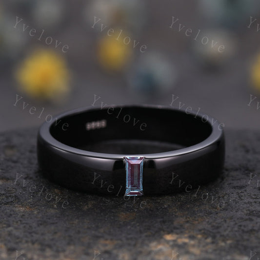 Mens Alexandrite Wedding Band Baguette Shaped Alexandrite Band 5mm Black Gold Ring Mens Stacking Matching Band Retro Vintage Ring Gift