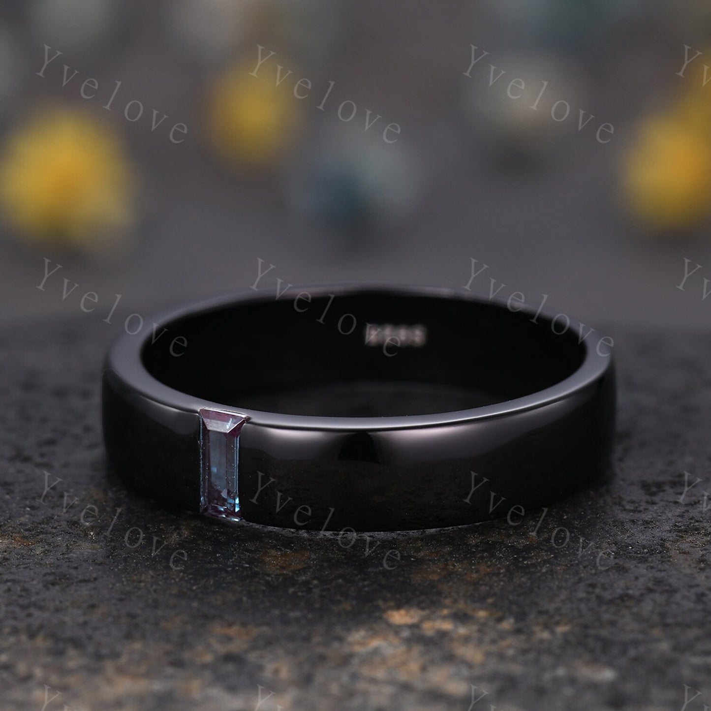 Mens Alexandrite Wedding Band Baguette Shaped Alexandrite Band 5mm Black Gold Ring Mens Stacking Matching Band Retro Vintage Ring Gift