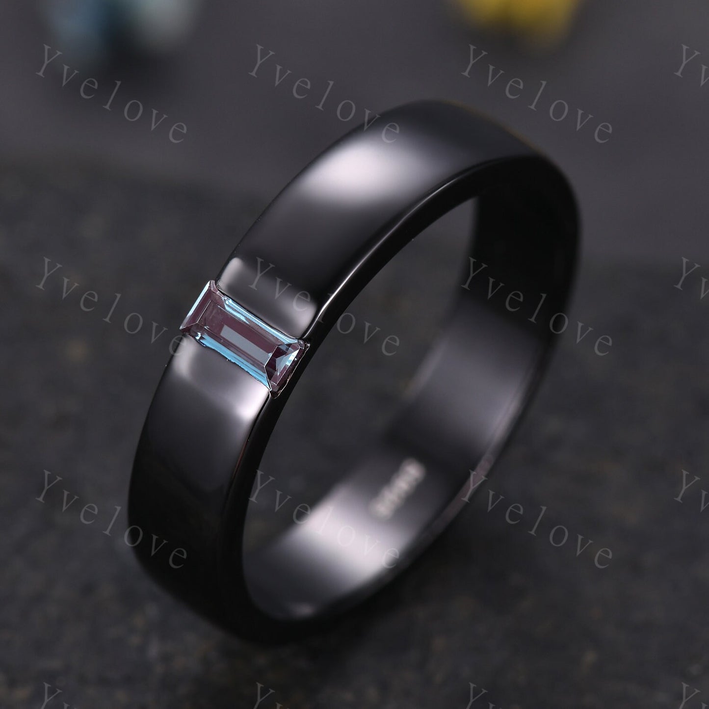 Mens Alexandrite Wedding Band Baguette Shaped Alexandrite Band 5mm Black Gold Ring Mens Stacking Matching Band Retro Vintage Ring Gift