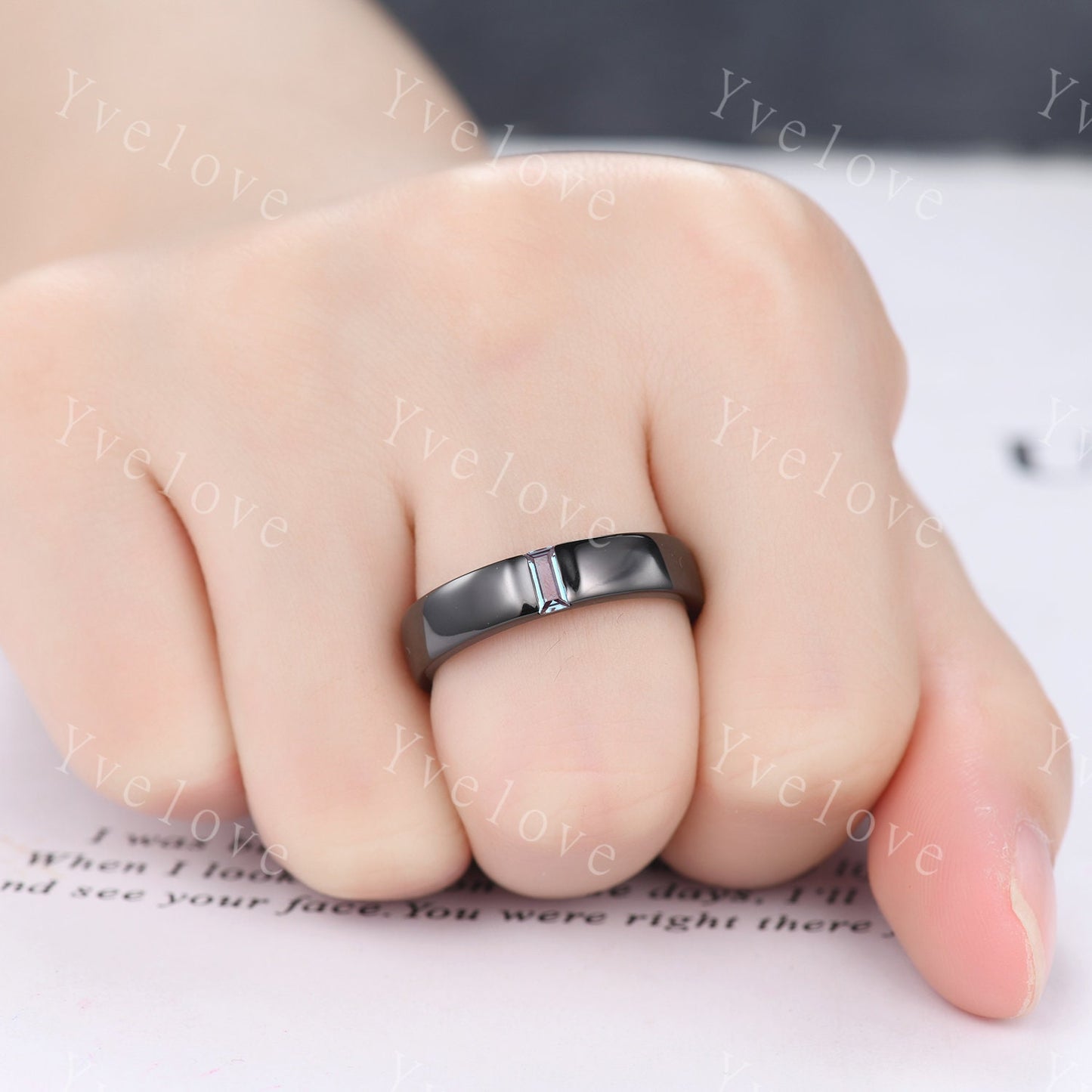 Mens Alexandrite Wedding Band Baguette Shaped Alexandrite Band 5mm Black Gold Ring Mens Stacking Matching Band Retro Vintage Ring Gift