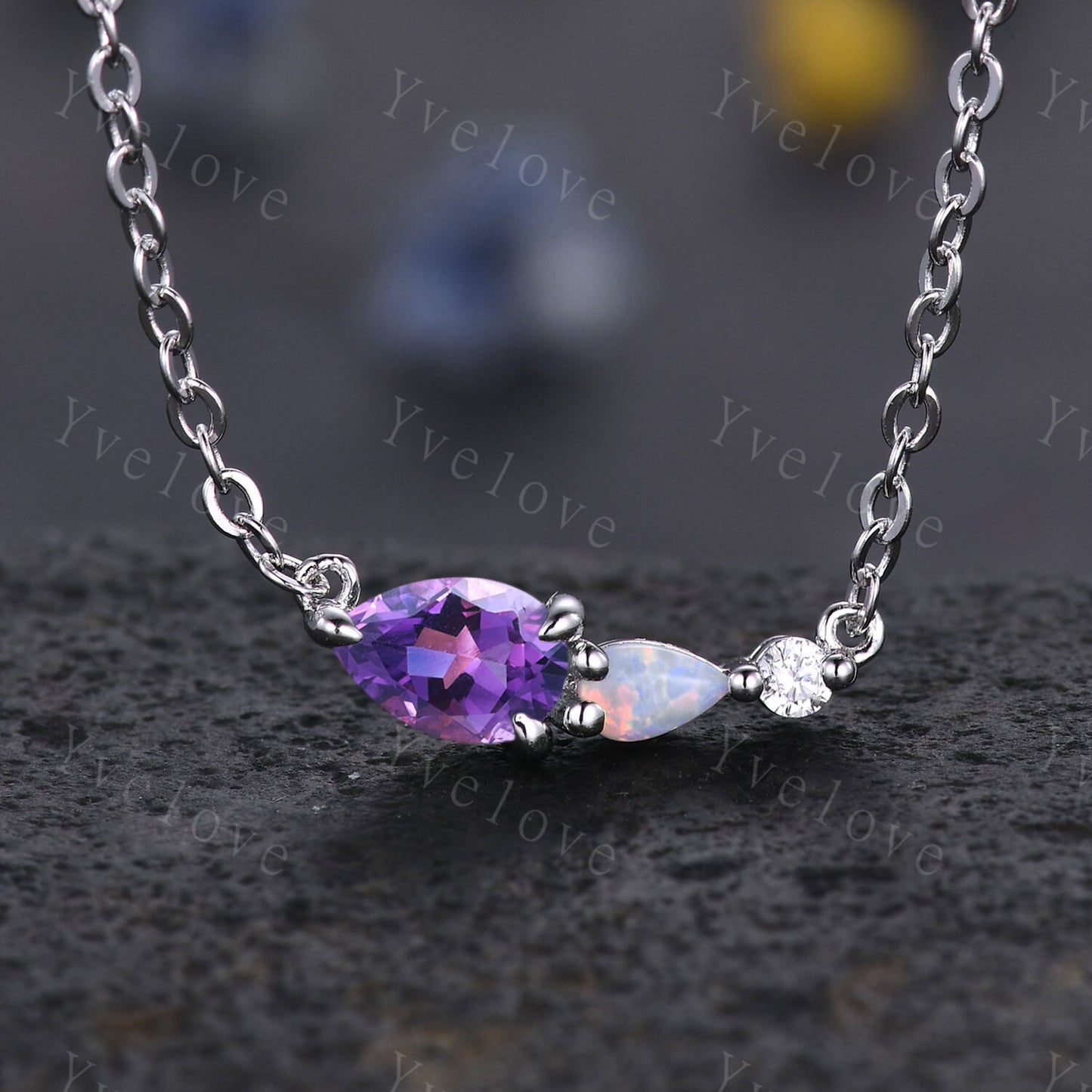 Unique Aquamarine Opal Necklace,Pear Cut Gems,Art Deco Moissanite Diamond Delicate Dainty Necklace,3 Stone Unique Women Bridal Gift,Silver