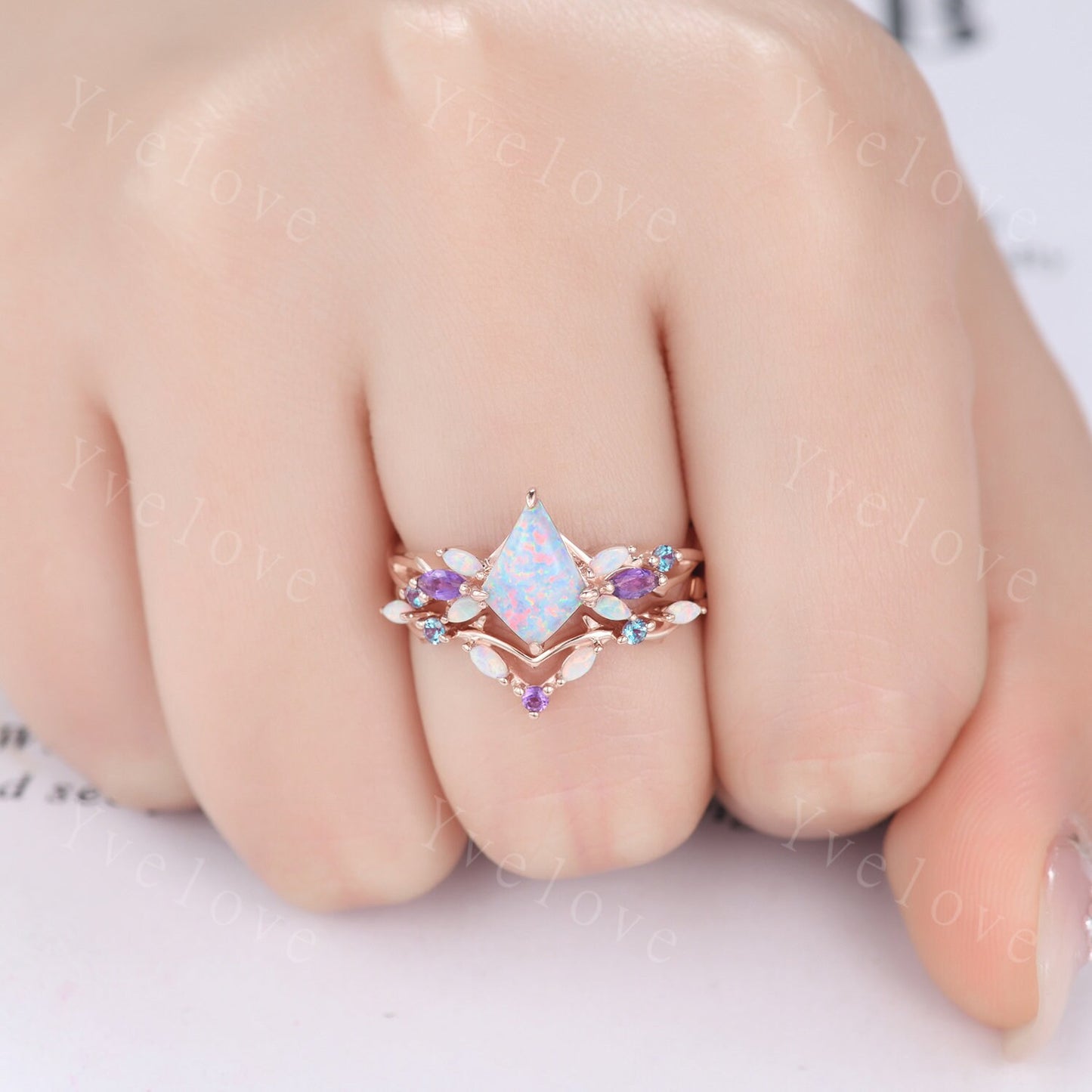 Vintage Kite White Opal Engagement Ring Set,Rose Gold,Vines Amethyst Opal Ring,Women Bridal Set,Unique Twig Anniversary Promise Ring Gift