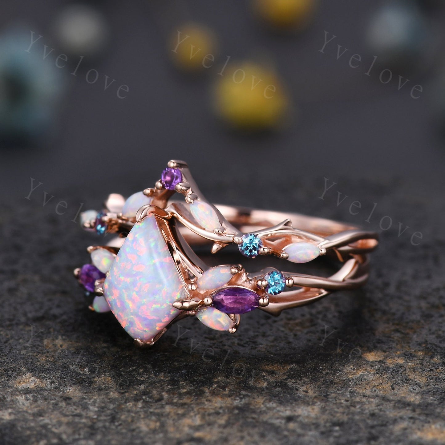 Vintage Kite White Opal Engagement Ring Set,Rose Gold,Vines Amethyst Opal Ring,Women Bridal Set,Unique Twig Anniversary Promise Ring Gift