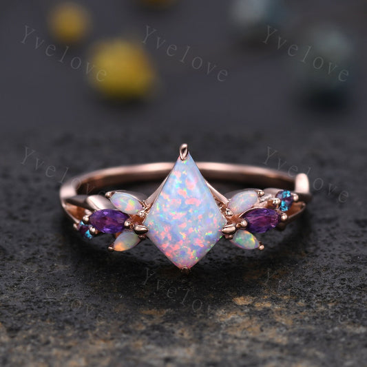 Vintage Kite White Opal Engagement Ring,Rose Gold,Vines Amethyst Opal Ring,Women Bridal Set,Unique Twig Women Anniversary Promise Ring Gift