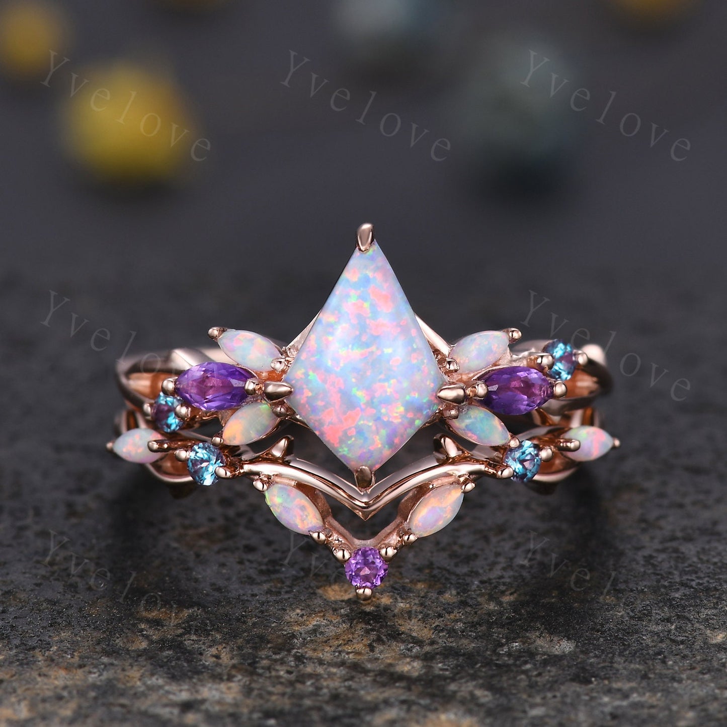 Vintage Kite White Opal Engagement Ring Set,Rose Gold,Vines Amethyst Opal Ring,Women Bridal Set,Unique Twig Anniversary Promise Ring Gift