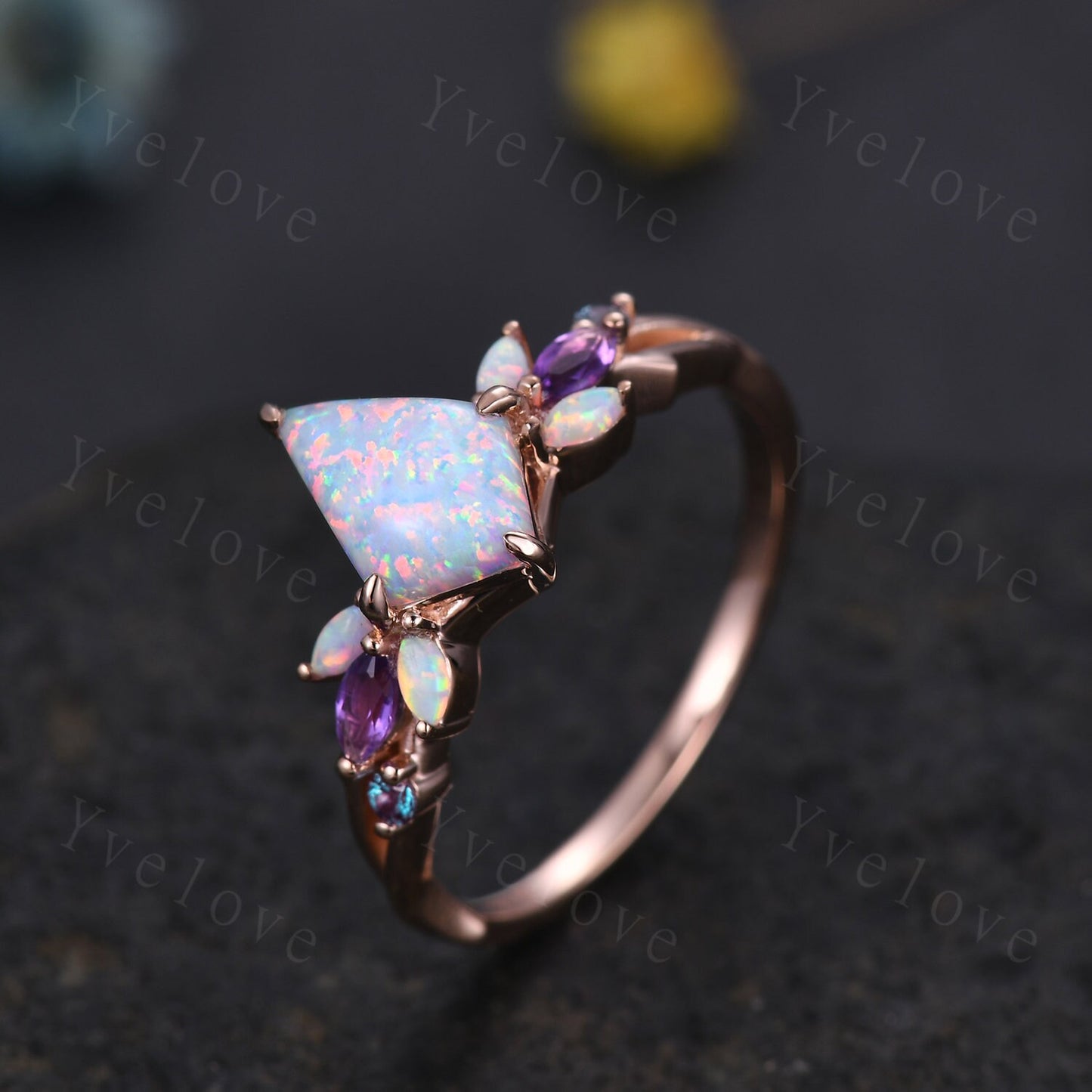 Vintage Kite White Opal Engagement Ring,Rose Gold,Vines Amethyst Opal Ring,Women Bridal Set,Unique Twig Women Anniversary Promise Ring Gift