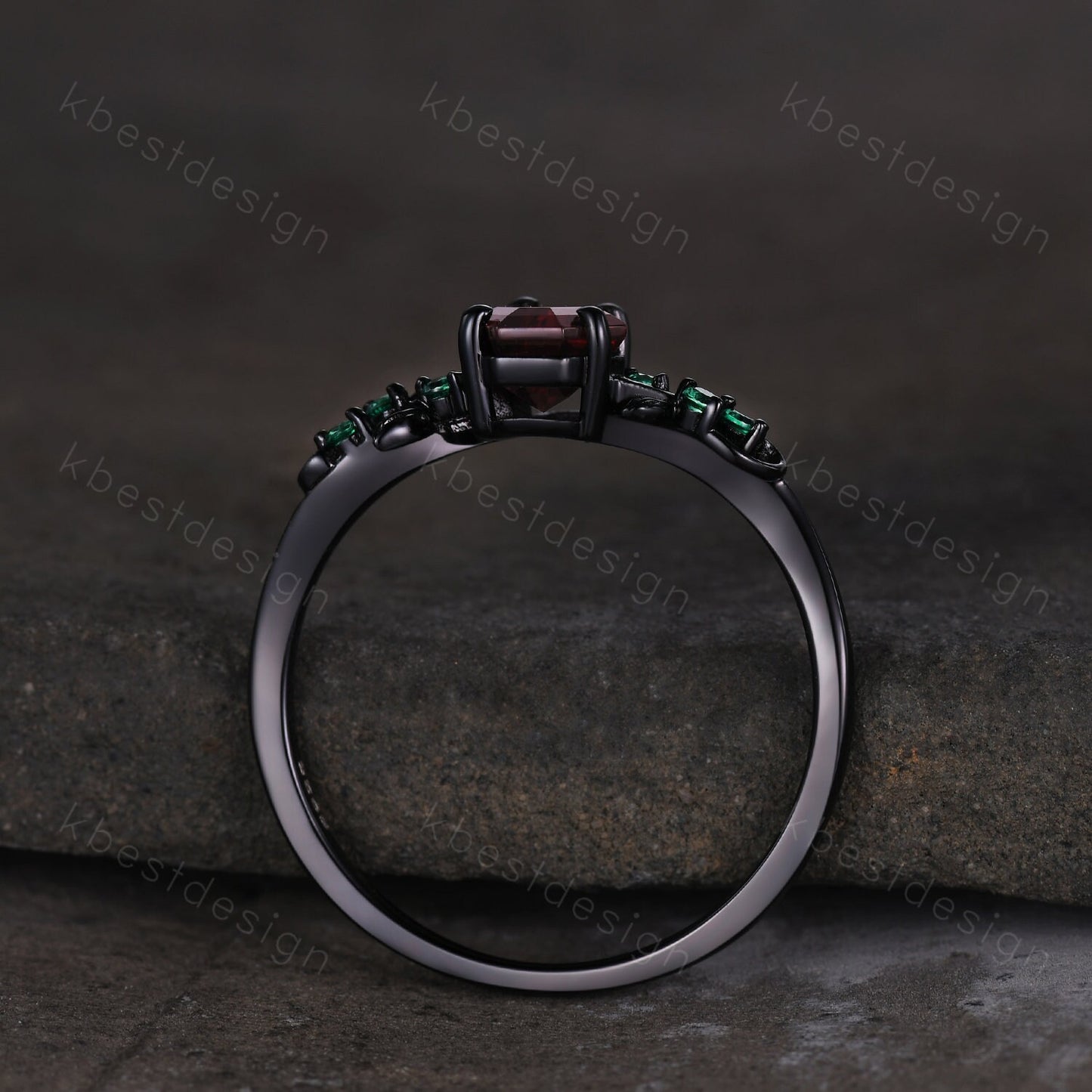 Coffin cut black onyx engagement ring Black gold ring Art deco leaf design emerald wedding ring nature inspired ring bridal promise ring