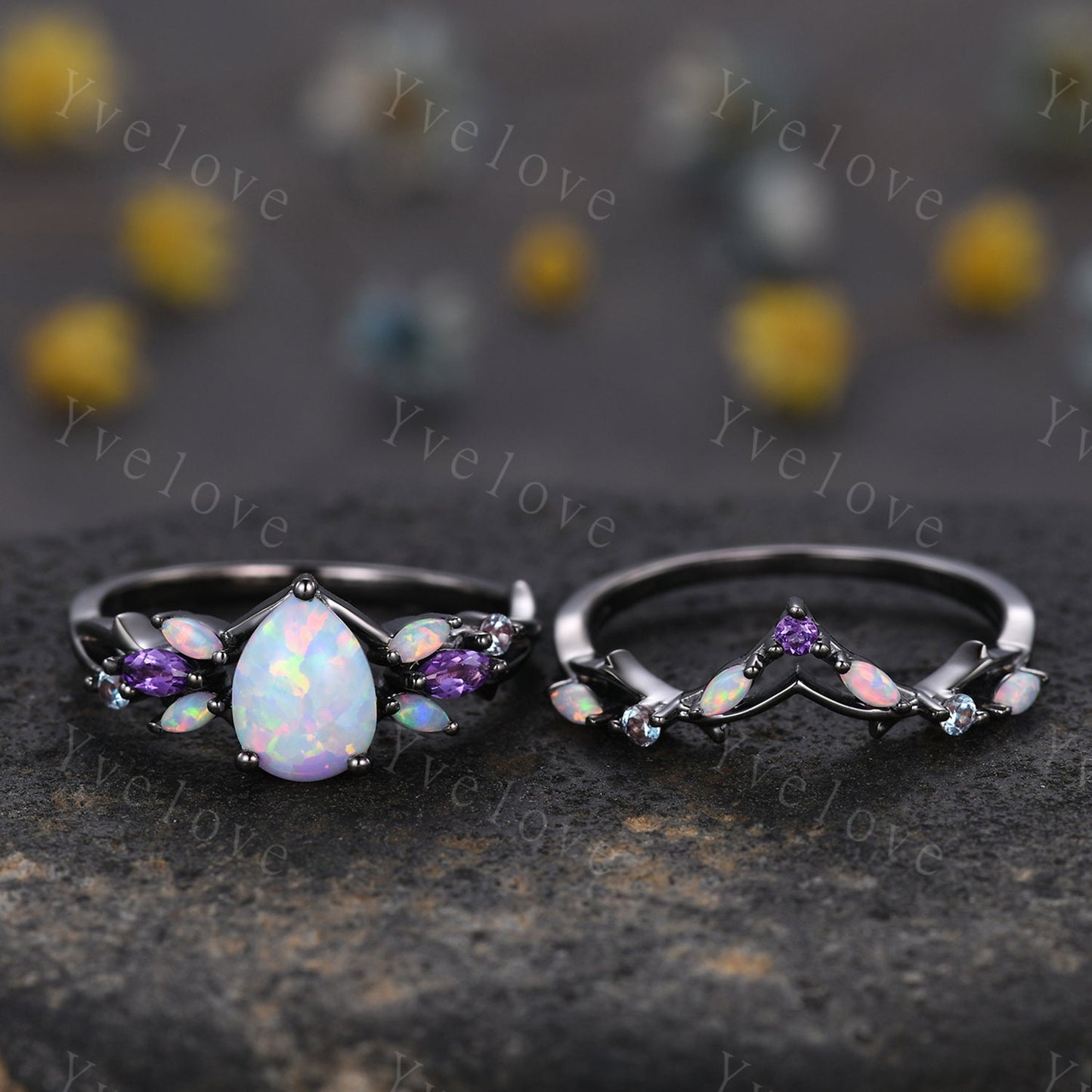 Vintage Teardrop White Opal Engagement Ring Set,Black Gold,Vines Amethyst Ring,Women Bridal Set,Unique Twig Anniversary Promise Ring Gift