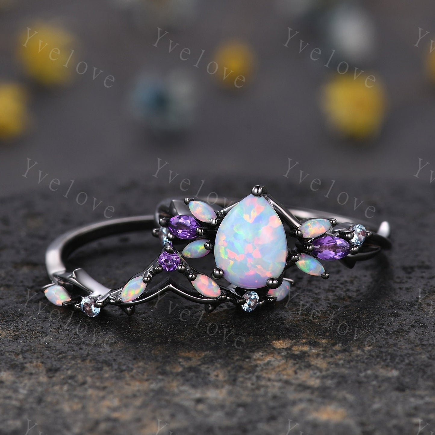 Vintage Teardrop White Opal Engagement Ring Set,Black Gold,Vines Amethyst Ring,Women Bridal Set,Unique Twig Anniversary Promise Ring Gift