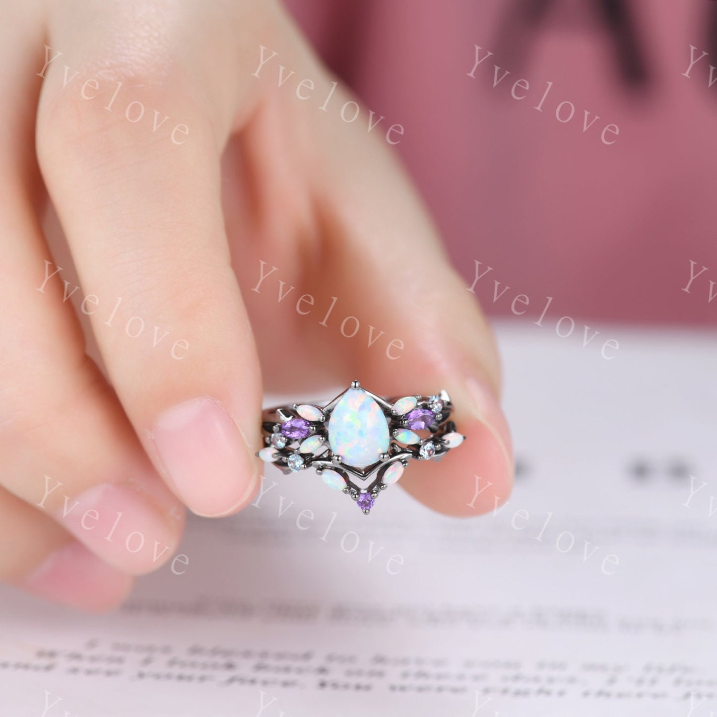Vintage Teardrop White Opal Engagement Ring Set,Black Gold,Vines Amethyst Ring,Women Bridal Set,Unique Twig Anniversary Promise Ring Gift