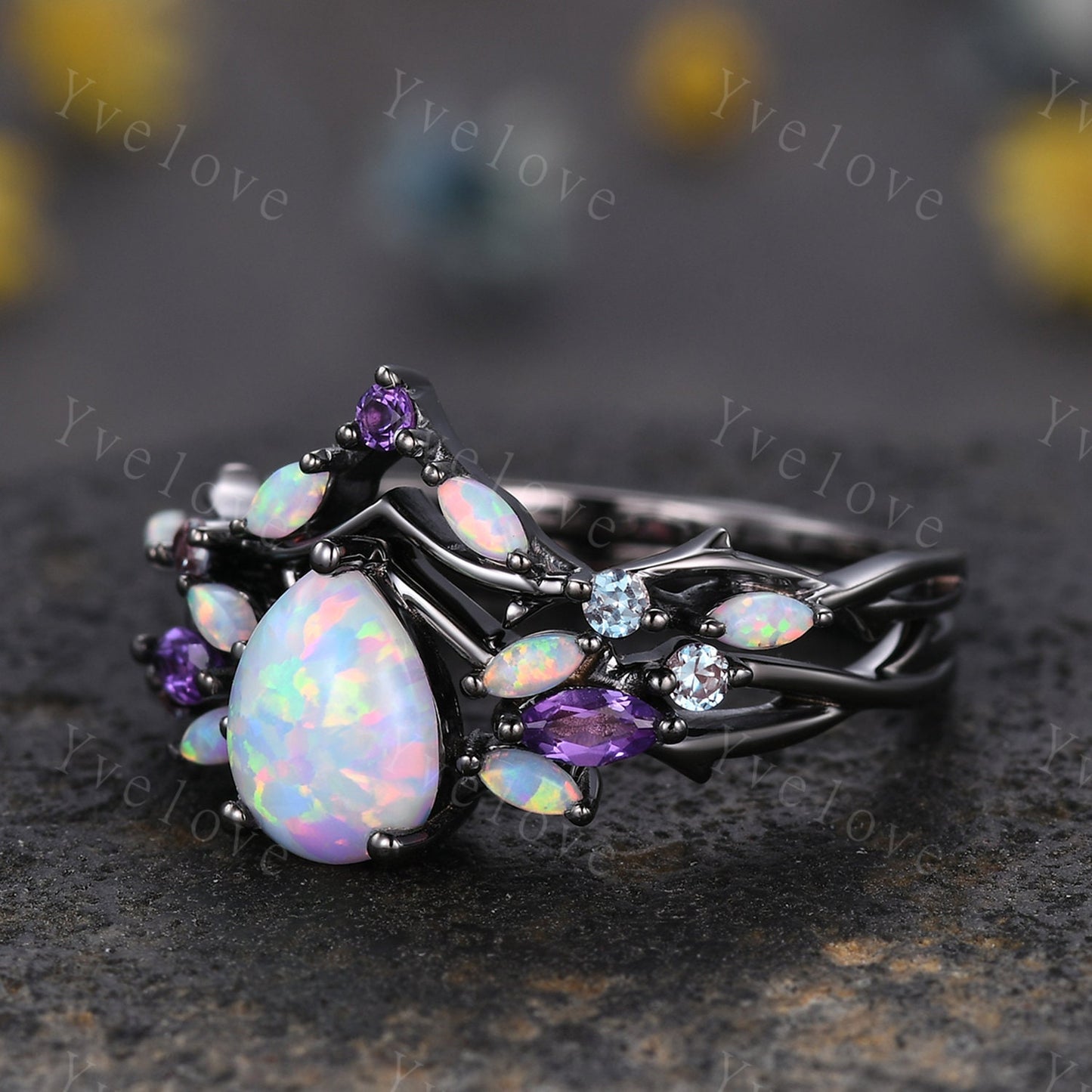 Vintage Teardrop White Opal Engagement Ring Set,Black Gold,Vines Amethyst Ring,Women Bridal Set,Unique Twig Anniversary Promise Ring Gift