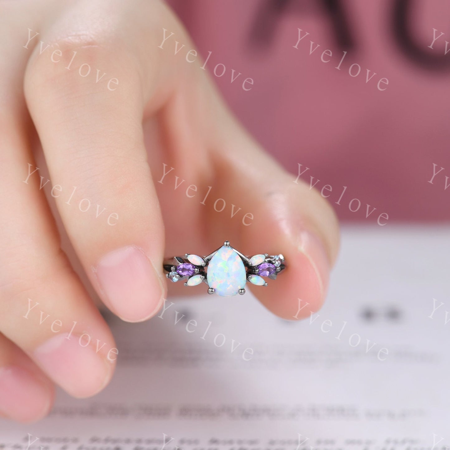 Vintage Teardrop White Opal Engagement Ring,Silver Black Gold,Vines Amethyst Ring,Women Bridal Set,Unique Twig Anniversary Promise Ring Gift