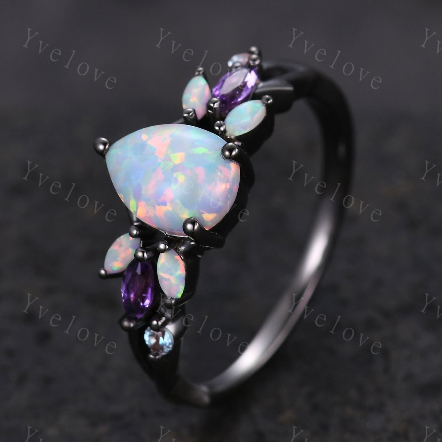 Vintage Teardrop White Opal Engagement Ring,Silver Black Gold,Vines Amethyst Ring,Women Bridal Set,Unique Twig Anniversary Promise Ring Gift