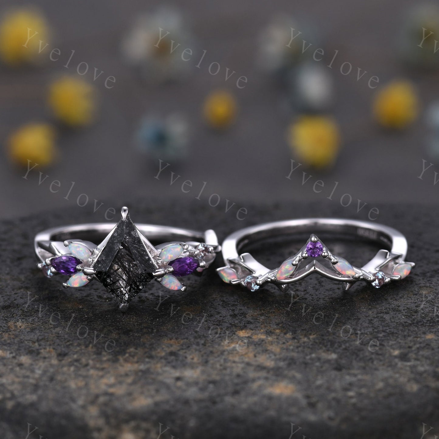Vintage Kite Black Rutilated Quartz Engagement Ring Set,925 Silver,Vines Amethyst Opal Ring,Women Bridal Set,Unique Twig Promise Ring Gift