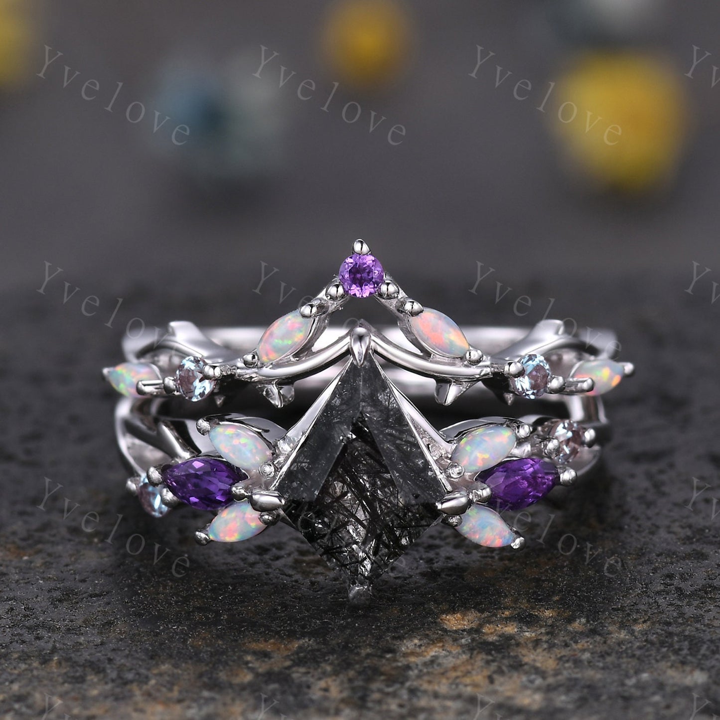 Vintage Kite Black Rutilated Quartz Engagement Ring Set,925 Silver,Vines Amethyst Opal Ring,Women Bridal Set,Unique Twig Promise Ring Gift