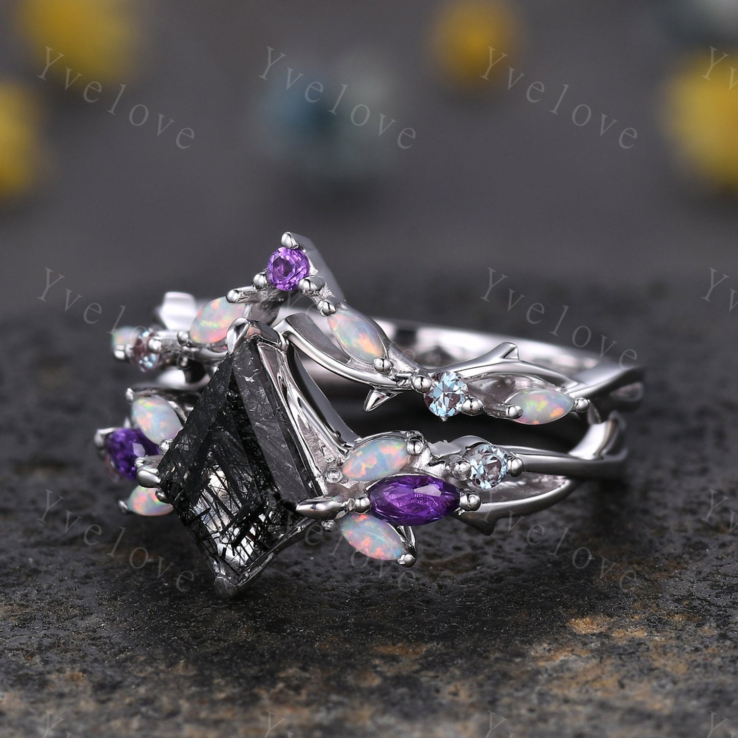 Vintage Kite Black Rutilated Quartz Engagement Ring Set,925 Silver,Vines Amethyst Opal Ring,Women Bridal Set,Unique Twig Promise Ring Gift