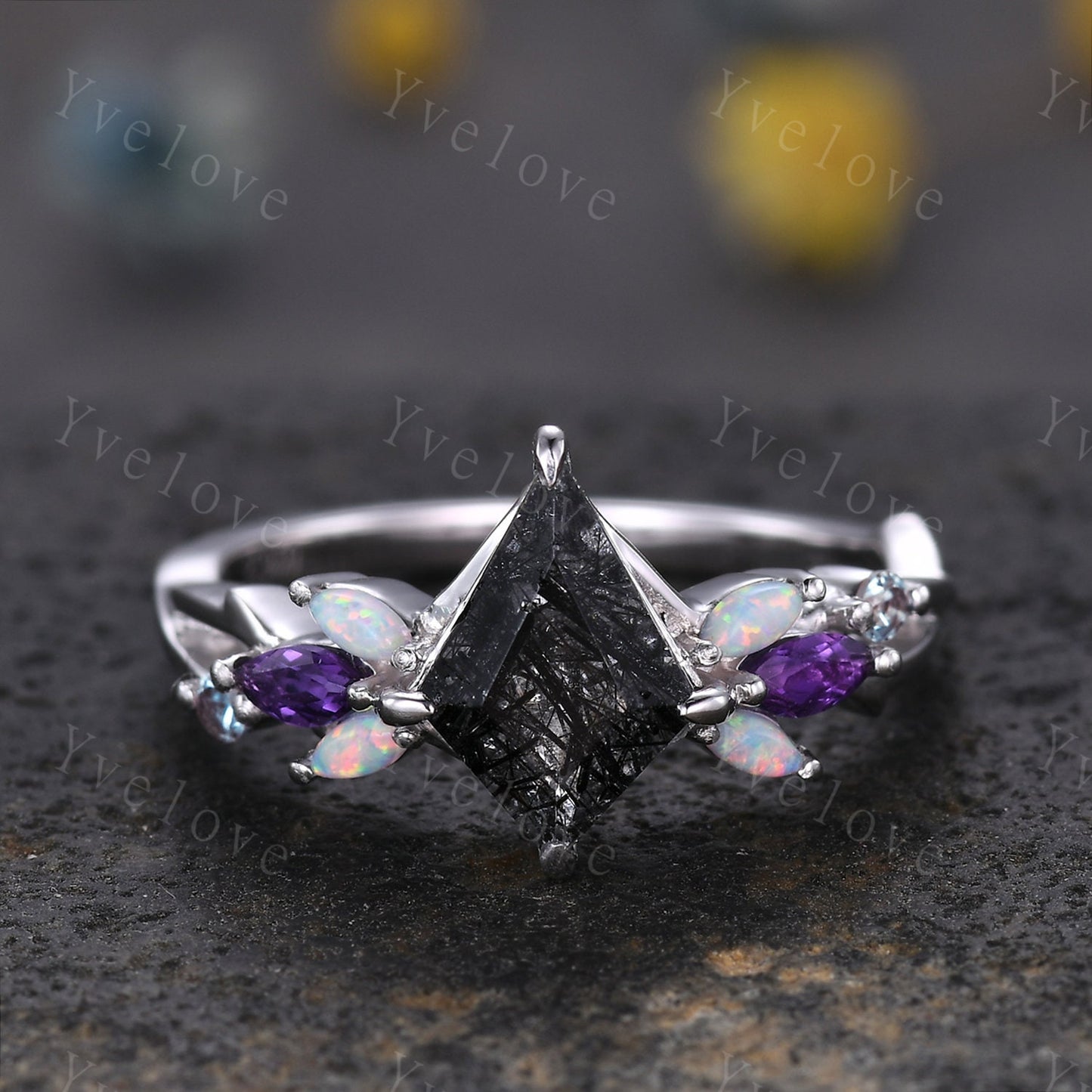 Vintage Kite Black Rutilated Quartz Engagement Ring,14k White Gold,Vines Amethyst Opal Ring,Women Bridal Set,Unique Twig Promise Ring Gift