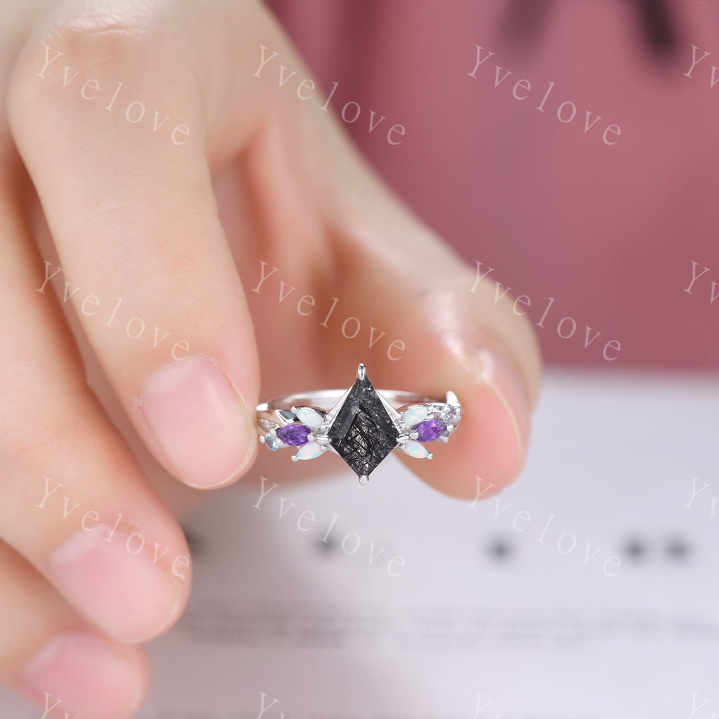 Vintage Kite Black Rutilated Quartz Engagement Ring,14k White Gold,Vines Amethyst Opal Ring,Women Bridal Set,Unique Twig Promise Ring Gift