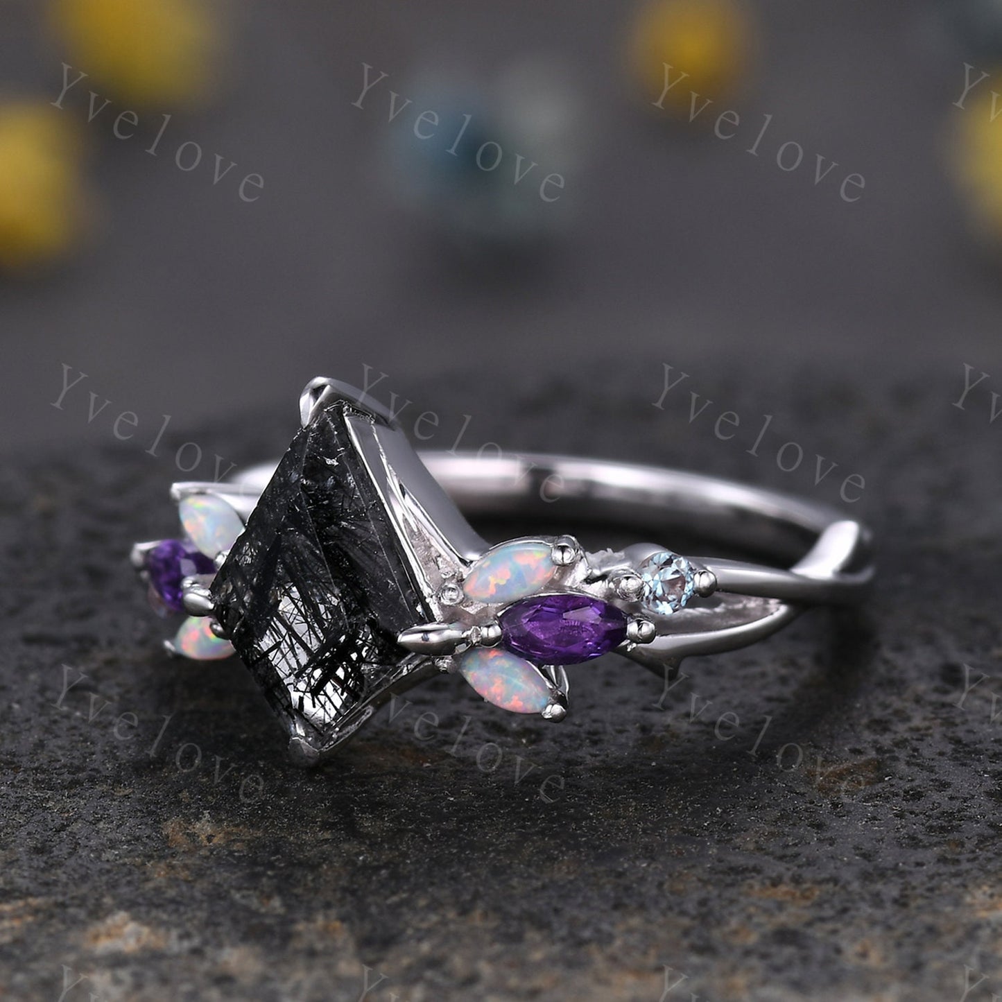 Vintage Kite Black Rutilated Quartz Engagement Ring,14k White Gold,Vines Amethyst Opal Ring,Women Bridal Set,Unique Twig Promise Ring Gift