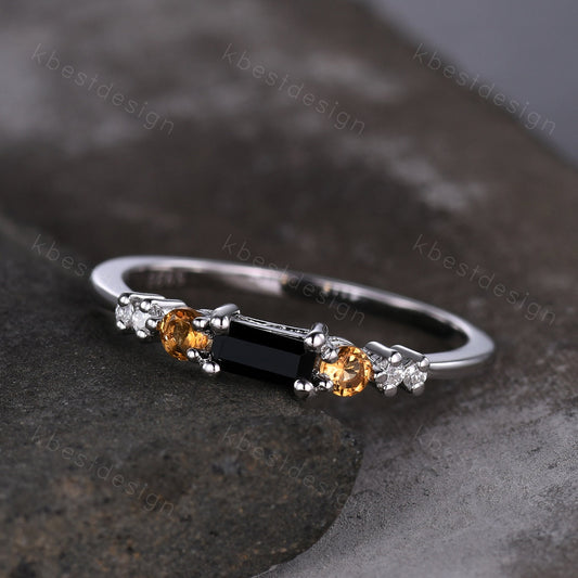 Unique black onyx wedding band sterling silver baguette cut band dainty citrine wedding ring gemstone stacking matching band gift for her