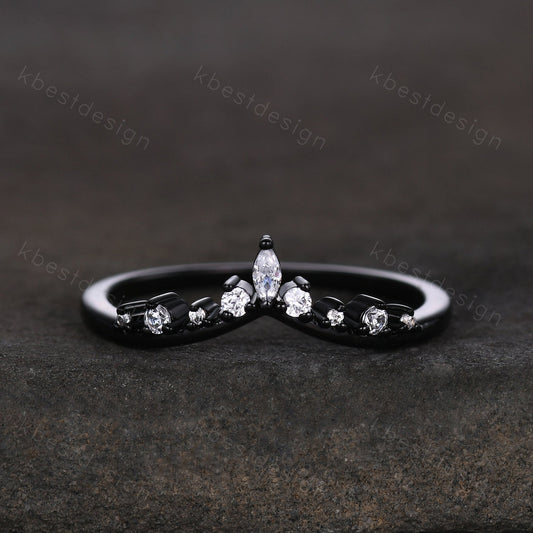 Curved moissanite wedding band black gold ring for women unique marquise cut stacking matching band delicate chevron ring anniversary ring