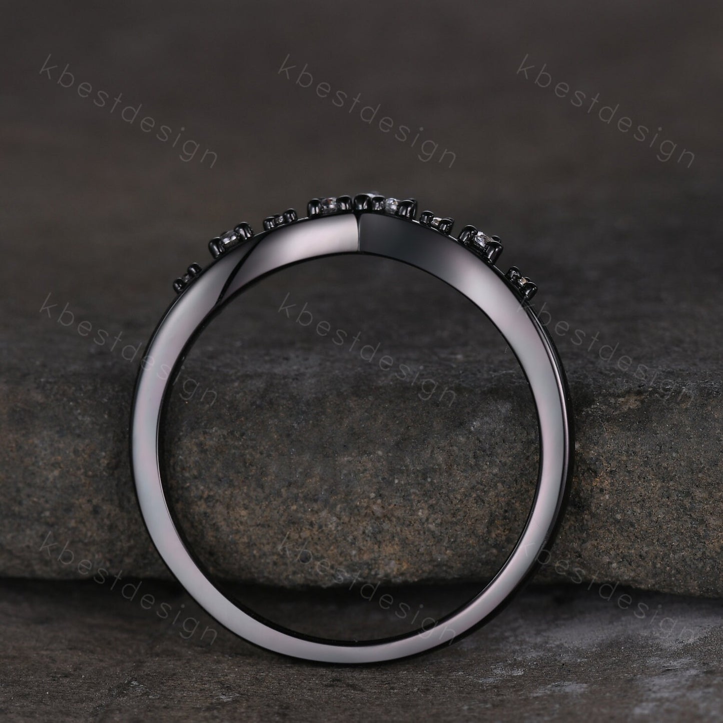 Curved moissanite wedding band black gold ring for women unique marquise cut stacking matching band delicate chevron ring anniversary ring