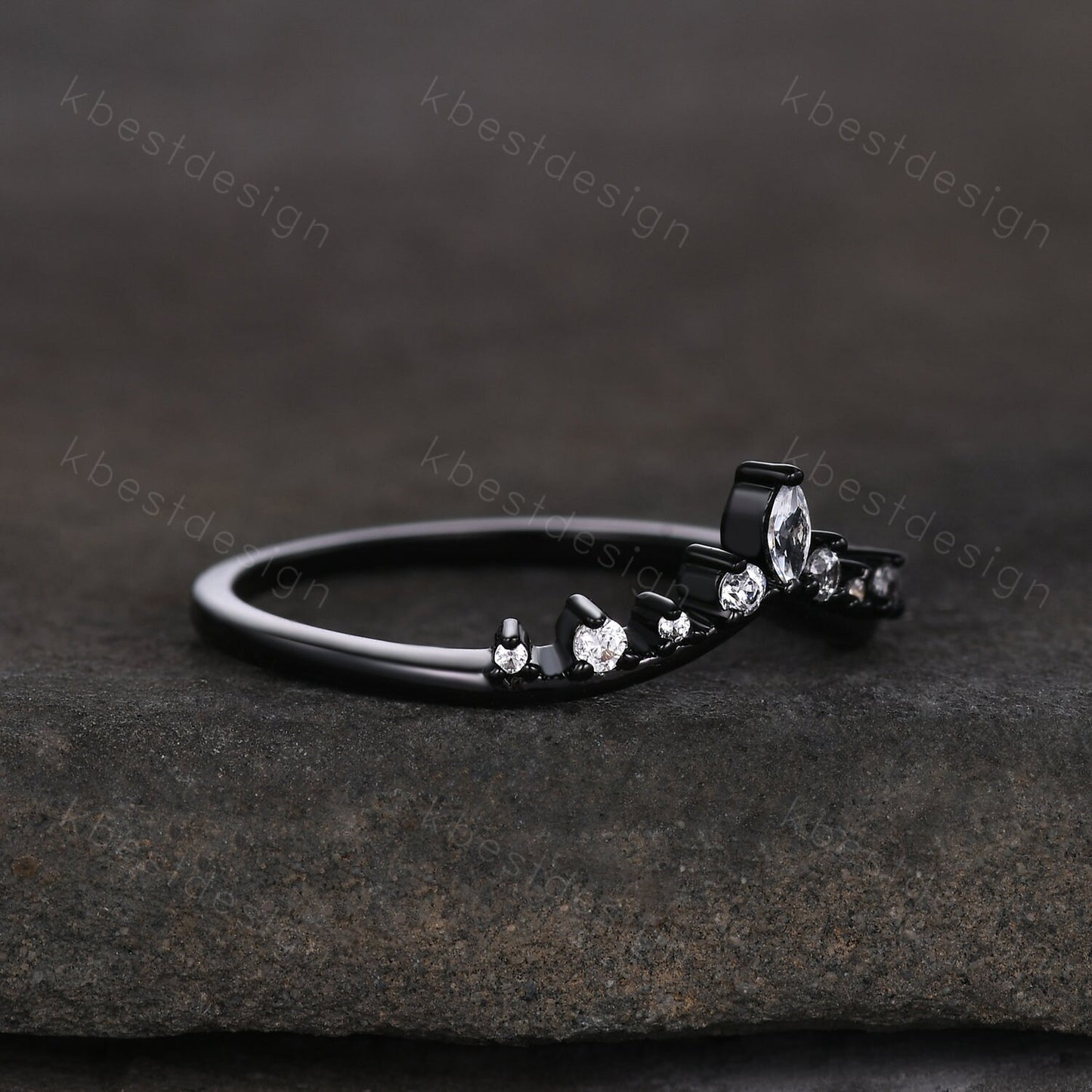 Curved moissanite wedding band black gold ring for women unique marquise cut stacking matching band delicate chevron ring anniversary ring
