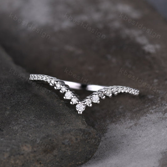Unique curved moissanite wedding band dainty white gold band for women half eternity stacking matching band bridal anniversary band gift