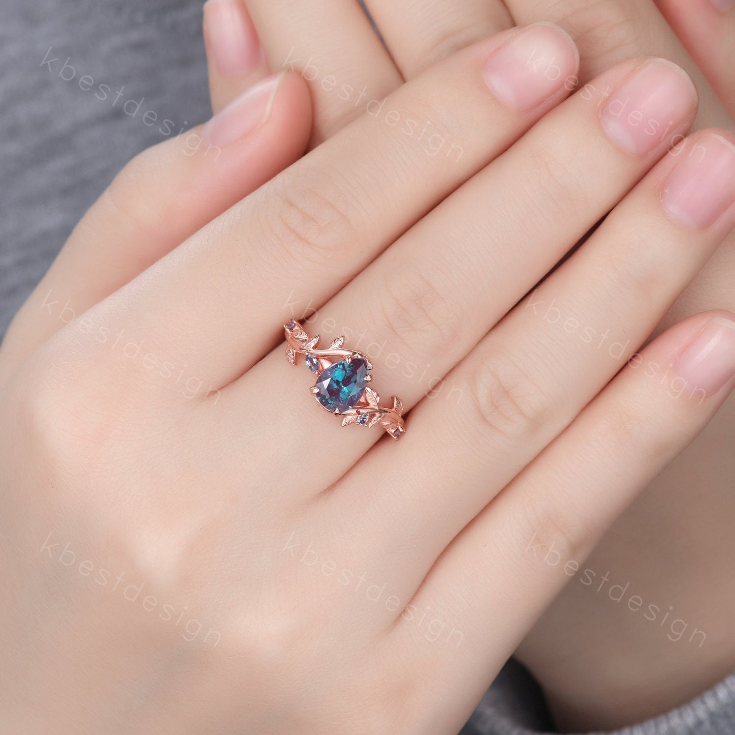 Vintage pear cut alexandrite engagement ring rose gold art deco leaf branch ring natural inspired ring unique bridal promise ring