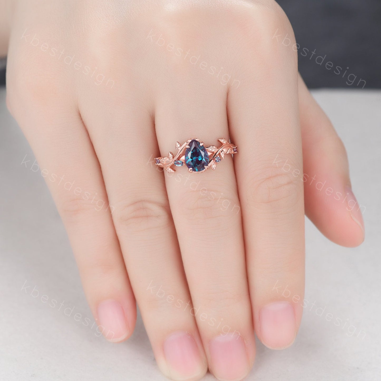 Vintage pear cut alexandrite engagement ring rose gold art deco leaf branch ring natural inspired ring unique bridal promise ring