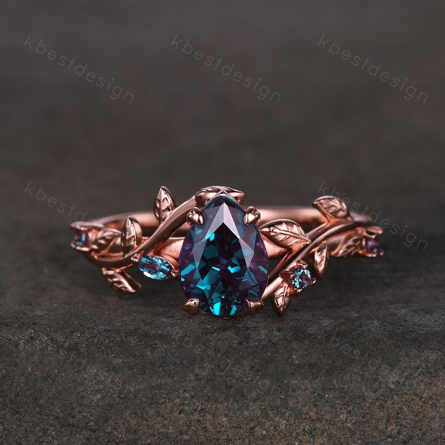 Vintage pear cut alexandrite engagement ring rose gold art deco leaf branch ring natural inspired ring unique bridal promise ring