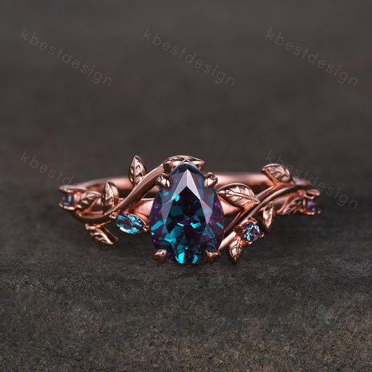 Vintage pear cut alexandrite engagement ring rose gold art deco leaf branch ring natural inspired ring unique bridal promise ring