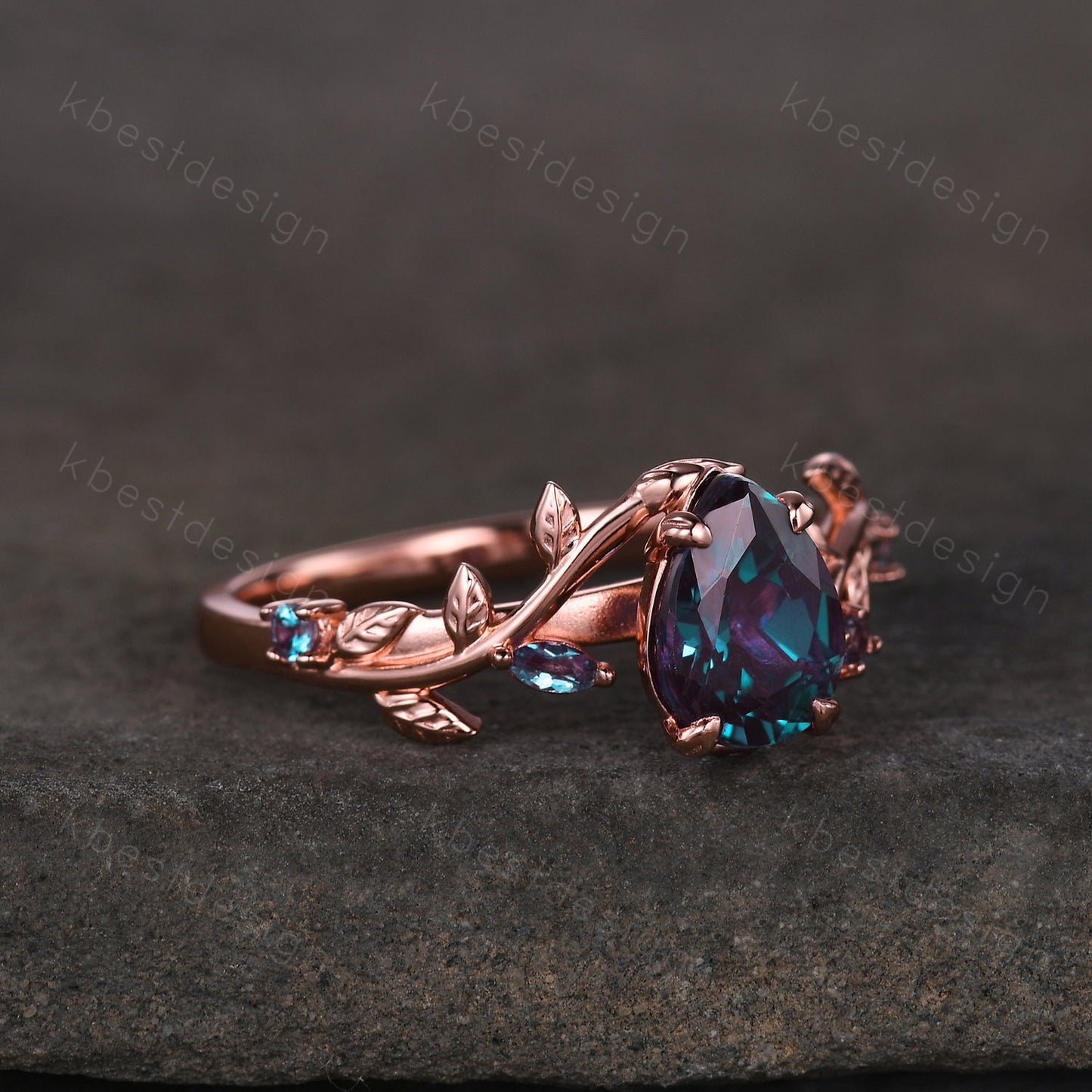 Vintage pear cut alexandrite engagement ring rose gold art deco leaf branch ring natural inspired ring unique bridal promise ring