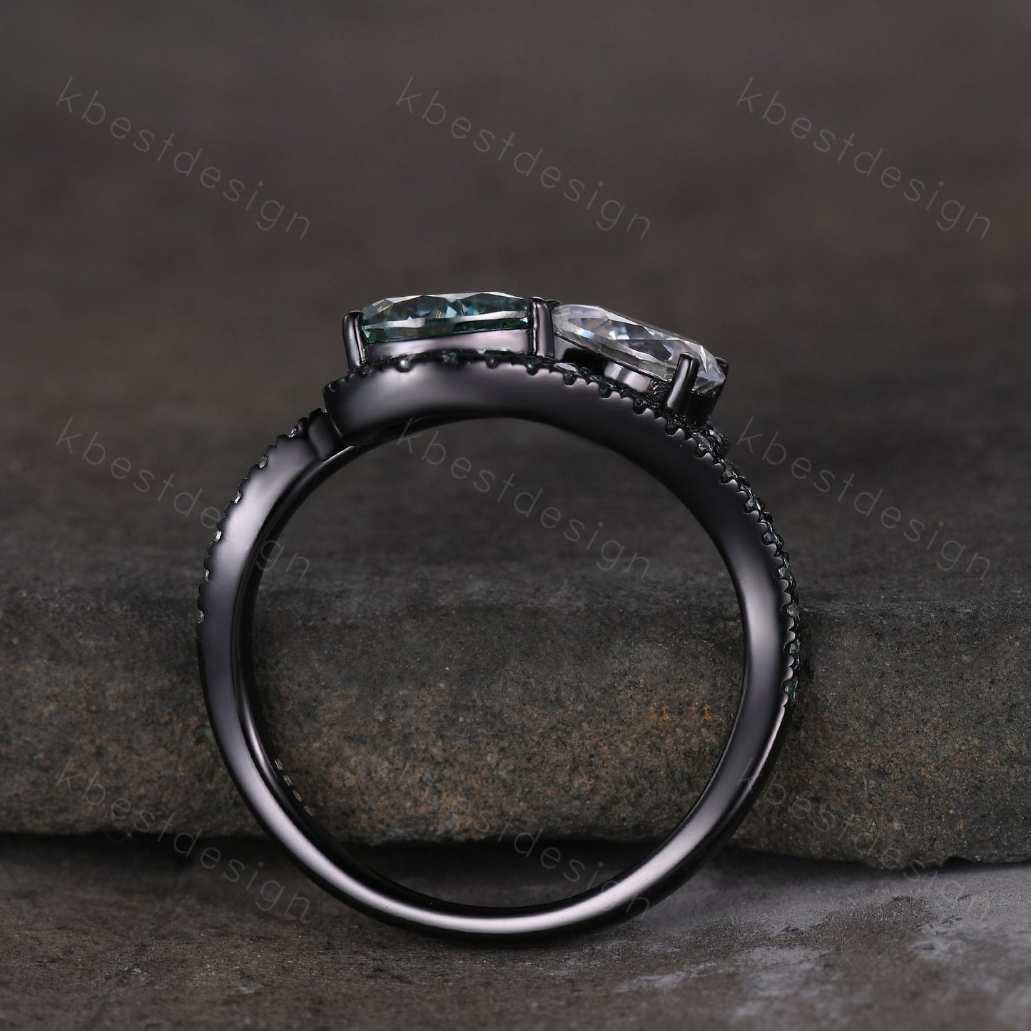 Toi et Moi Ring, Pear Green Moissanite Engagement Ring, Infinity Black Gold Ring, Double Moissanite Ring, Two Stone Ring, Promise Ring